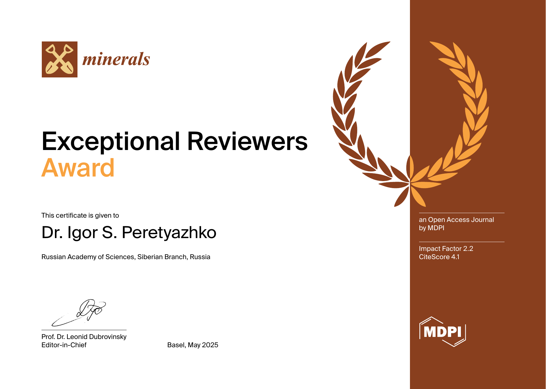 Awards Certificate A4 Minerals Exceptional Reviewers Dr Igor S. Peretyazhko 1
